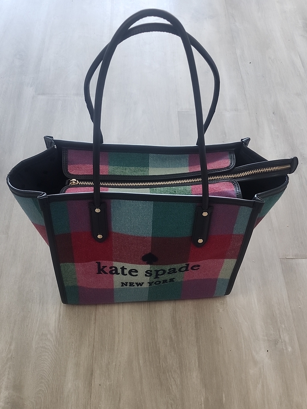 Kate Spade Ella Festive Check Plaid Print Large Top Zip Tote Bag